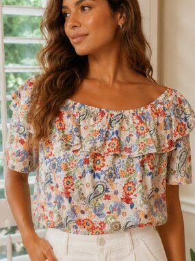Floral Boho Off Shoulder Ruffle Top Size M